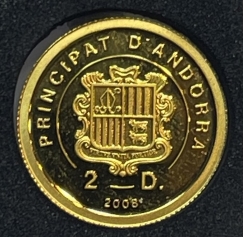 Золотая монета 2 динер "Скульптура Пьета" Работа Микеланджело 2008г., Андорра, Au 999, 1г.